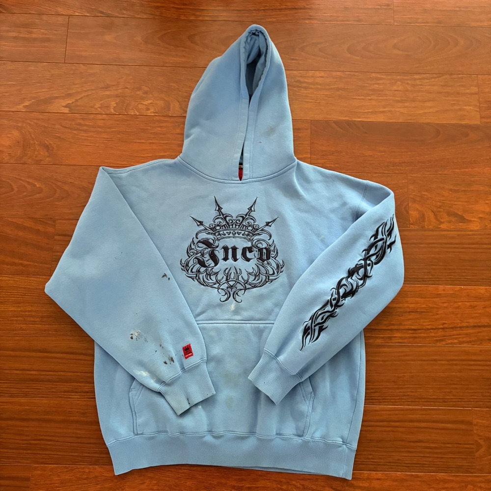 JNCO Jeans Mens Hoodie Size M Blue Tribal Sleeve Crown Graphic Y2K Skater Baggy